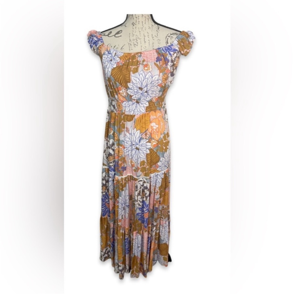 Anthropologie Floral Midi Dress in Orange and White